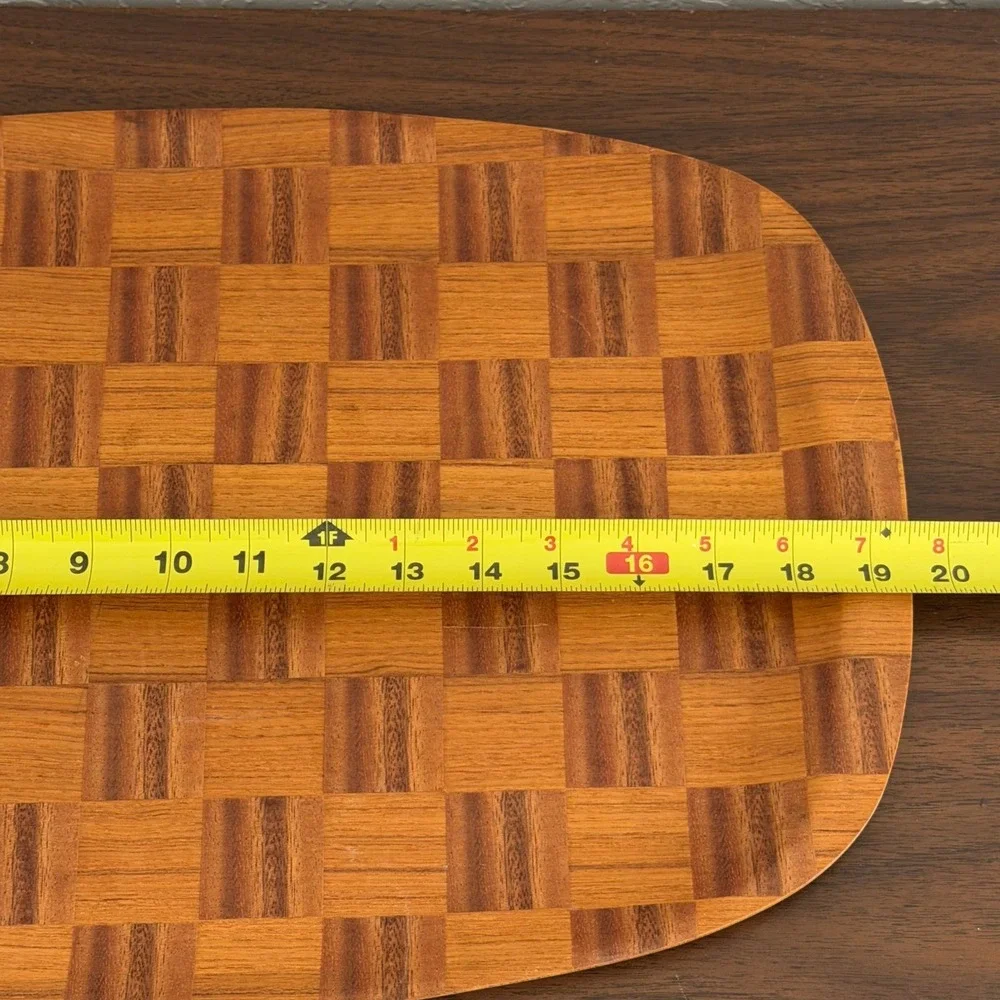 Vintage Mid-Century Woven Wood Serving Tray Checkered Viking Hand Made Japan MCM